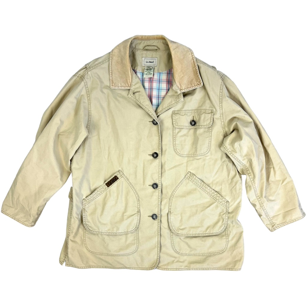 Vtg Ll Bean Canvas Chore Coat Jacket Corduroy Collar Beige Plaid Lined Sz P L